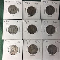 9- Silver Standing Liberty Quarters