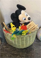 BASKET W/ MICKEY MOUSE BACKPACK & OTHER TOYS