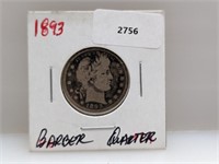 1893 90% Silver Barber Quarter