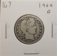 1909 D 90% Silver Barber Head Quarter