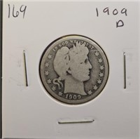 1909 D 90% Silver Barber Head Quarter