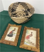 Basket with 2 wooden framed feather bird art