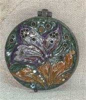 Vtg Enameled Butterfly/Flower Mirror Compact