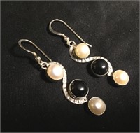 Sterling Silver, Pearl & Onyx Dangle Earrings