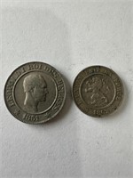 Belgium 1861 20 Centimes, 1862 10 Centimes