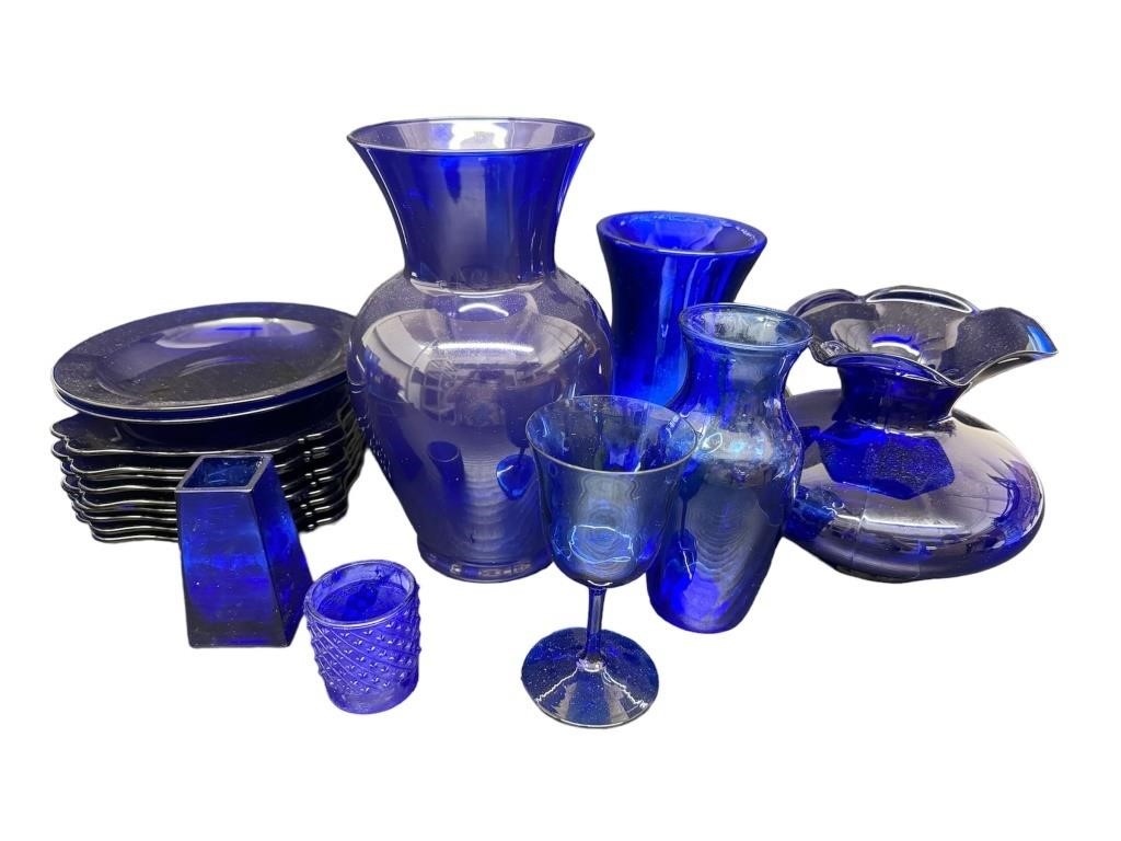 Mercury Glass Vase and Cobalt Blue Glassware