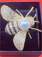 Rhinestone & Pearl Honey Bee Brooch Stamped WH