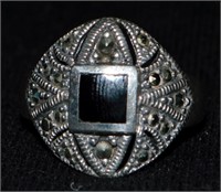 925 Silver Black Onyx & Marcasite Ring - sz. 7