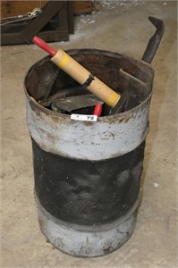 Metal Barrel w/ Rolling Pins & Hand Tools