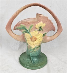 Roseville Pottery Peony Pink Ceramic Basket Vase