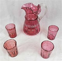 Antique Cranberry Glass Pitcher & Glasses Painted