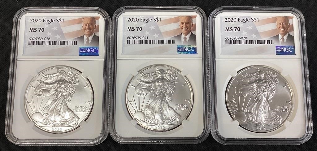 (3) 2020 SILVER AMERICAN EAGLES, GRADED MS70, NGC