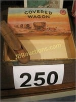 COVERED WAGON CIGAR BOX AND WOODEN CARRIER