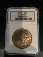 GOLD $20 US COIN - MS 60 GRADE NGC - 1875 S