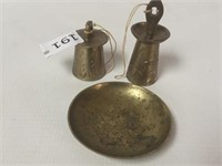 2 Brass Bells & Brass Dish - 2" & 3"
