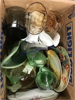Green glass, pitchers, plates
