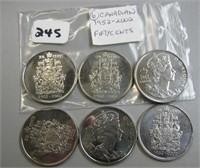 6  Canadian 1952-2002 Fifty Cents Coins