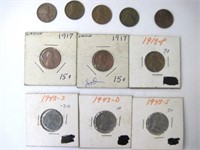 Lot of 11 Wheat Pennies - 3 Steel 1943