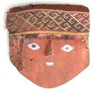 Chancay Painted Wood & Textile Headband Mummy Mask