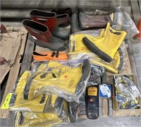 New assorted, rubber boots, safety glasses, test e