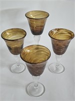 VTG SET OF 4 LARGE AMBER SHIMMER GLASS GOBLETS WIT