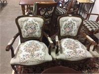 2x WOOD FRAMED FLORAL UPHOLSTERED ARMCHAIRS