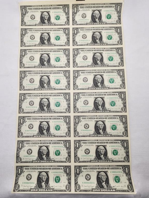 Uncut UNC 1988A Sheet $1 US Notes