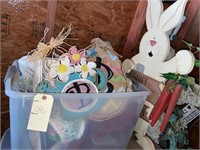 TOTE FULL OF EASTER DECOR AND LARGE RABBIT DECOR