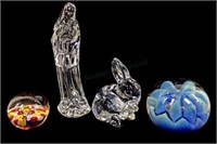(4pc) Art Glass Paperweights, Waterford Figurines