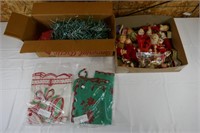 2 VINTAGE XMAS APRONS, METAL TREE, ORNAMENTS