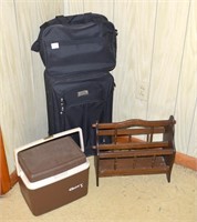 Small Suitcase, Magazine Rack and a Small Cooler