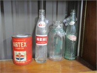 3 old bottles and oil can