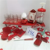 Glass red-topped whipper; 6 juice glasses