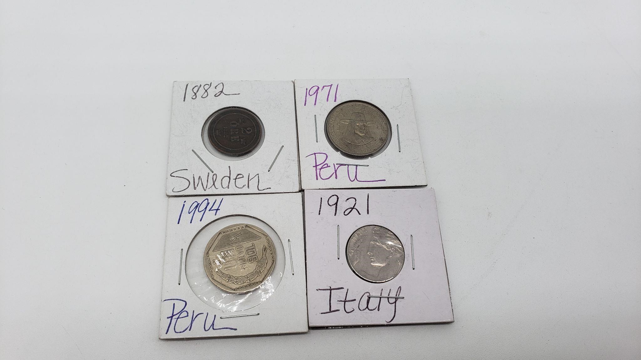 Coins 1882 Sweden, 1971 & 1994 Peru, 1921 Italy