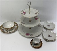 TIERED TRAY, HAND PAINTED CUPS,
