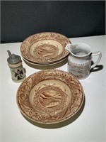 4 CW Turner & Sons Brown Transferware Bowls,