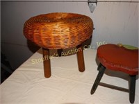 Wicker 3 legged stool 13" diameter 12" h, and