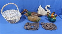 Duck Decoys, Wooden Roosters & Swan