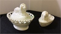 Milk glass, two milk glass candy dishes, with full