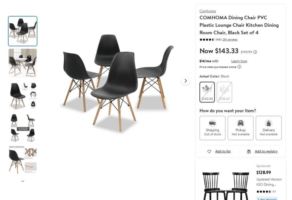 N7644  Black Plastic Dining Chairs Set of 4