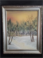 Framed Winterscape Paint on Canvas by Bill Hil
