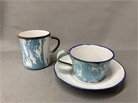 Blue Agateware Cup and Saucer with Mug