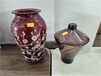 Vintage red vase and purple dish with chipped lid