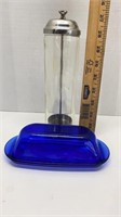 Cobalt glass butter dish & glass straw holder