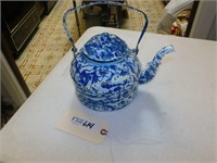 Tea Kettle Enamel Ware Blue and White