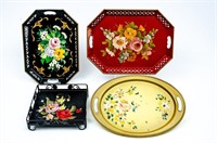 (4) Lovely Floral Painted Metal Toleware Trays