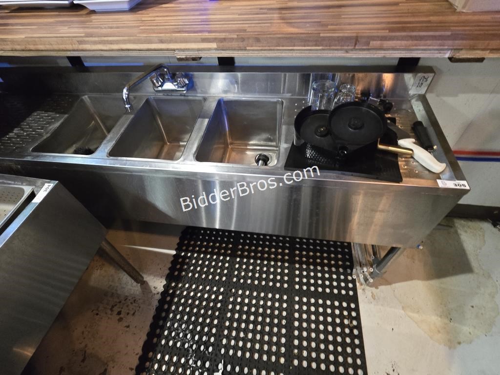 Triple Basin SS Bar Sink w Faucet Dual Drain