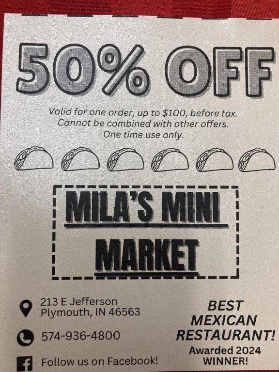 Mika’s mini market 50% off valid one order up to