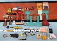 Vtg. bottle openers, ice scapers, keychains, pins