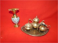 Brass tea set, vase